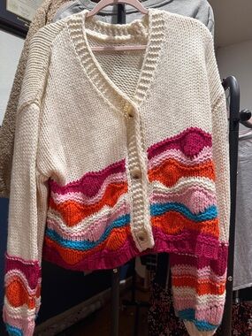Cider Cream Cardigan with Pink, Orange, Blue & Magenta Wave Stripes